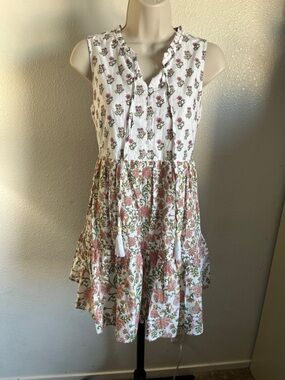 Japna White Pink & Green Floral Print Cotton Dress
